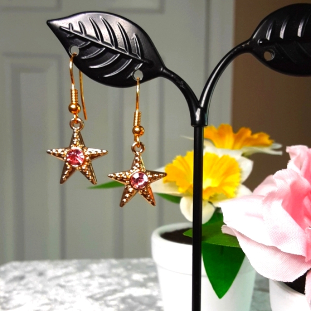 Handmade Star Fish Earrings Pink Goldtone